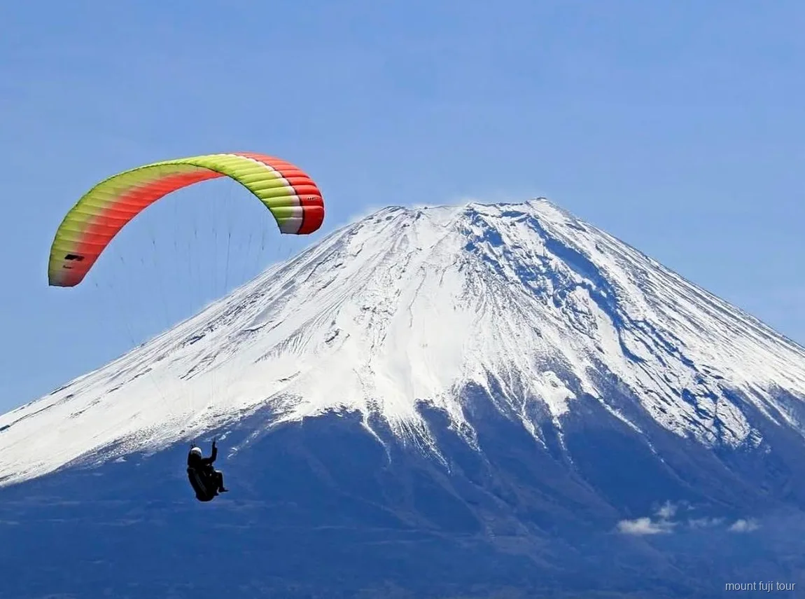 Tandem-Paragliding-Pilot und Fluggast mit Mount Fuji in Sicht