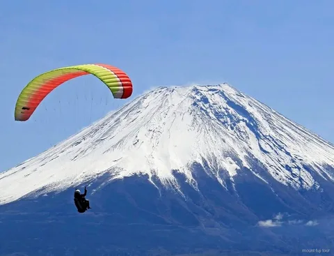 Pilote et passager en vol biplace avec le Mont Fuji en vue