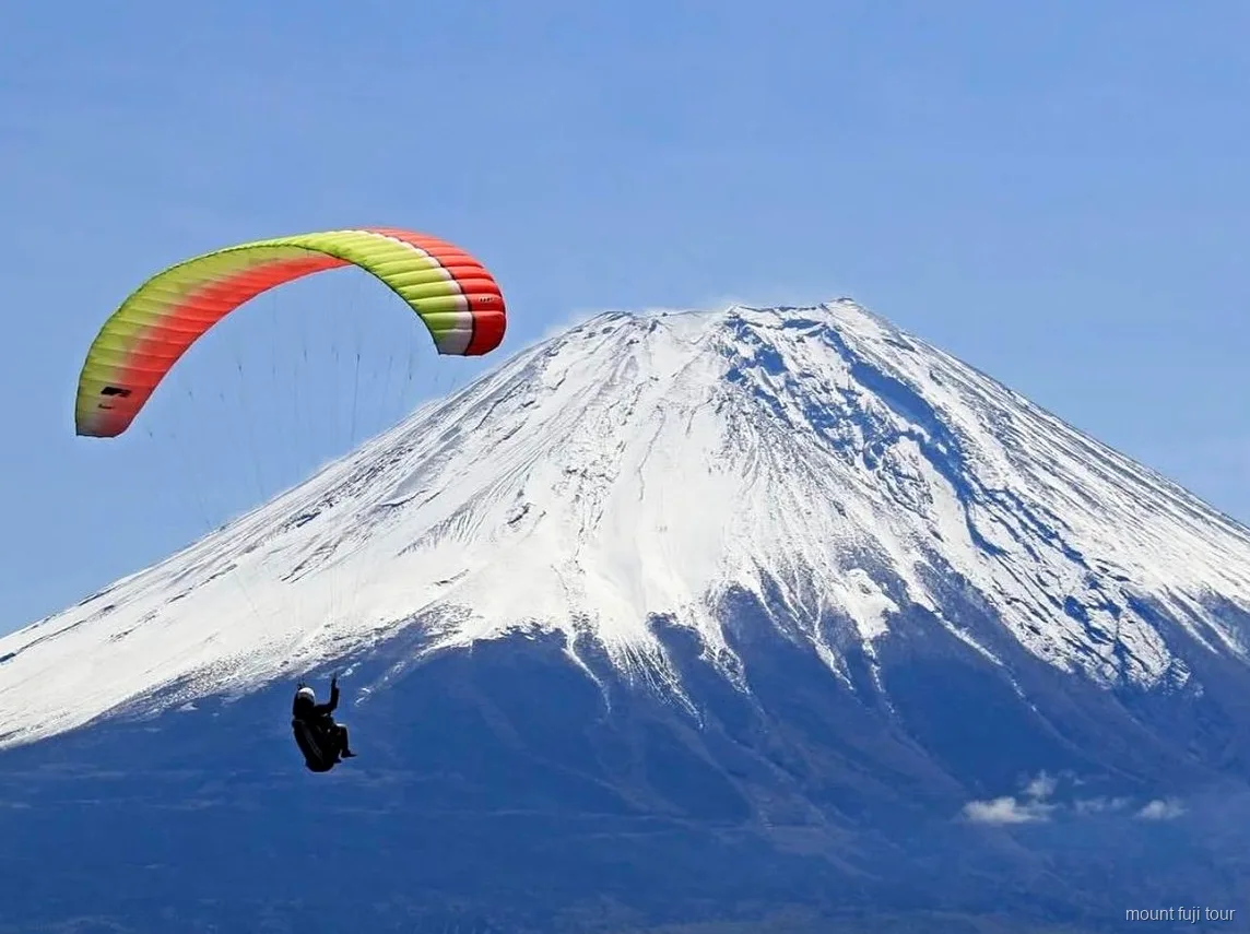 Piloto de parapente en tándem con el Monte Fuji a la vista