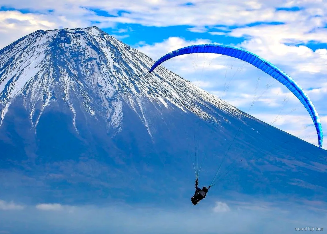 Vista aérea del Monte Fuji durante un vuelo en parapente en tándem